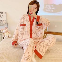 Women's Sleepwear Spring Autumn 2024 Long-sleeved Pyjamas Ladies Cartoon V-neck Home Clothes Girl Nightdress Cardigan Pyjamas