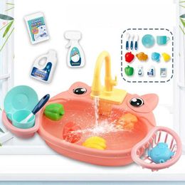 Kitchens Play Food Childrens Kitchen Sink Toy Simulation Electric Dishwasher Mini Pretend Game House Set Role Playing Girl d240527