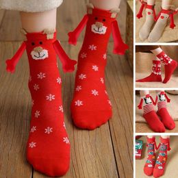 Women Socks Holiday Sock With Magnetic Hands Funny Suction Couple Striped Snowflake Print Holding Mid-tube Christmas