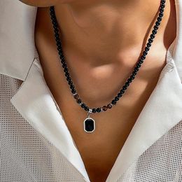Pendant Necklaces Black Beads With Square Necklace For Men Trendy Accessories On The Neck Collar 2024 Fashion Jewellery Male Gift Decoration