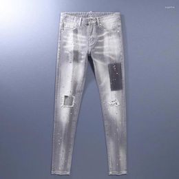 Men's Jeans Street Fashion Retro White Gray Elastic Tight Split Panel Designer Hip Hop Brand Pants Hombre