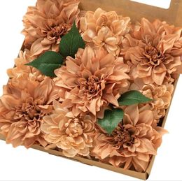 Decorative Flowers Artificial 9pcs Sunset Terracotta Silk Dahlia Fake For Wedding Craft Bouquets Arrangements Party Decorations