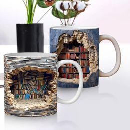 Creative Space Design of 3D Bookshelf Ceramic Cup Library Shelf Tea Cup Milk Coffee Cup Home Table Decoration Reader Friend Gifts240516