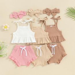 Clothing Sets Infant Baby Girls Ruffled Tracksuits Casual Sleeveless Camisole Tops Elastic Shorts Headband Born Summer Suit