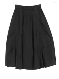 Skirts High Elastic Waist Black Ribbon Irregular Long A-line Half-body Skirt Women Fashion Tide Spring Autumn 2024 M401