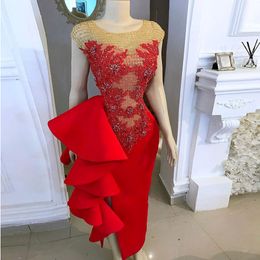 2020 Arabic Aso Ebi Red Evening Dress Lace Beaded Prom Dresses Sheer Neck Formal Party Gowns 320Z