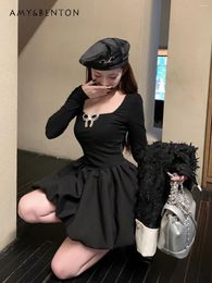 Casual Dresses French Elegant Cute Bow Square Neck Mini Dress For Women Autumn Fashion Slim Fit Sexy All Match Black