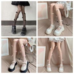 Women Socks Sweet Bow Tights Japanese Style Cute Lolita Pantyhose Breathable Ultra-thin Transparent Female Stockings