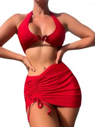 Women's Swimwear Women 3 Pieces Bikini Swimsuits Solid Colour Tie-Up Halter Neck Padded Bra Thong Bottoms Drawstring Sarong Skirt Bathing