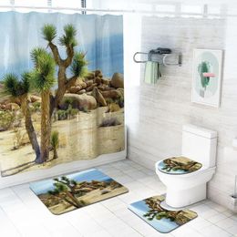 Shower Curtains Desert Trees Floral Print 4pcs/set Curtain Pedestal Rug Lid Toilet Cover Mat Bath Set Bathroom With 12 Hooks