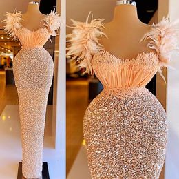 2021 Plus Size Arabic Aso Ebi Luxurious Sparkly Sexy Prom Dresses Feather Sequined Sheath Evening Formal Party Second Reception Gowns D 308B