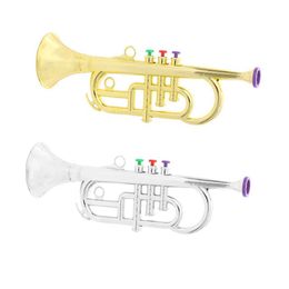 Baby Music Sound Toys 1 piece of 34cm plastic childrens horn wind instrument with 3 keys childrens party music toy gift silver or gold T240524