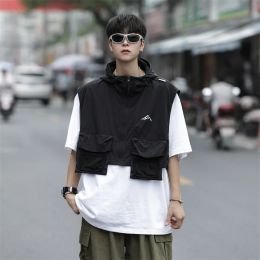 Tactical Cargo Vests Men Hooded Military Teens Handsome American Retro Techwear Cropped Coats All-match Unisex Clothing Zip-Up