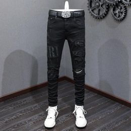 Men's Jeans Street Fashion Elastic Slim Fit Split Leather Panel Designer Hip Hop Brand Black Pants Hombre