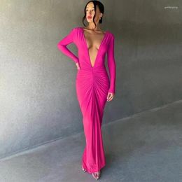 Casual Dresses Makaka- Deep V-Neck Ruched Solid Maxi Dress Body-Shaping Long Sleeve Elegant Evening Party Sexy 2024 Summer Classic Prom