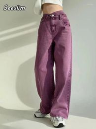 Women's Jeans Seeslim Streetwear Purple High Waist Woman 2024 Korean Fashion Irregular Design Mom Boyfriend Wide Leg Pants