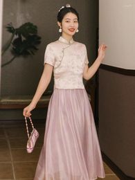 Work Dresses Sweet Elegant Vintage Two-piece Set Women Jacquard Cheongsam Chic Top Chiffon Sling Fashion Party Dress Ladies Summer 2024