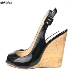 Dress Shoes Ahhlsion Handmade Women Summer Shiny Sandals Wedges High Heeled Peep Toe Classics Black Party Ladies US Size 4-20