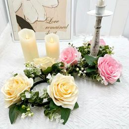 Decorative Flowers Artificial Flower Wreath Candle Holder Rose Garland Candlestick Fake Plant Leaf Wedding Party Table Ring Home Decorations