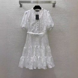 2024 Summer White Floral Lace Embroidery Dress 1/2 Half Sleeve V-Neck Belted Single-Breasted Casual Dresses B4W241358