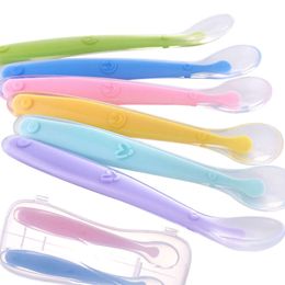 Soft Silicone Candy Colour Food Baby Feeding Dishes Safety Feeder Children Eating Training Spoon L2405