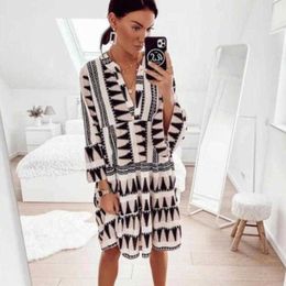 Basic Casual Dresses Geometric Print Summer Dress Casual Long Sleeve v Neck Beach Short Dress for Women 2024au1o