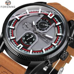 Forsining Sports Watches Mechanical Date exibir pequenos mostradores de mãos luminosas homens militares automáticos assistem genuíno cinta de couro