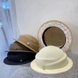 Berets Summer Woven Paper Straw Bucket Hat Pearl Logo Irregular Sun Protection Fedora Cap Elegant Ladies Party Vocation Chapeau