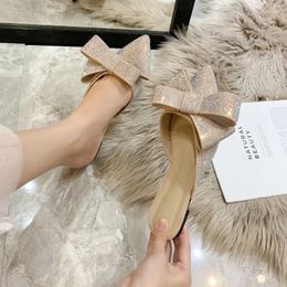 Slippers Pointed Toe Half Female Summer Wear 2024 Fashion Rhinestone Bow Lazy Flat Sandals Women's Shoes