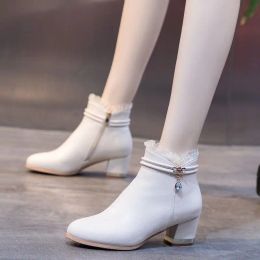 Footwear Pointed Toe Female Ankle Boots Rhinestone Elegant with Medium Heels Short Shoes for Women White Booties Chic Y2k Hot Pu
