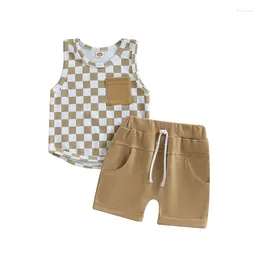 Clothing Sets Toddler Infant Baby Boy Summer Outfits Sleeveless Checkerboard Print Vest Solid Color Drawstring Shorts