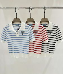 24 Women's T-shirt Top Knitted Lapel Letter Embroidered Stripe Slim Fit Knitted Short Sleeve 524