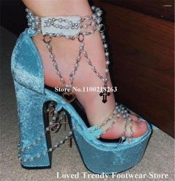Dress Shoes Blue Purple Pink Velvet Pearls Chains Chunky Heel Sandals Open Toe PVC Patchwork High Platform Beaded Thick Wedding Heels