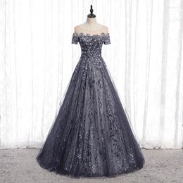 Party Dresses Short Sleeve Lace O-Neck Elegant Evening Dress Sequins Embroidery A-Line Floor-Length Backless Formal Gown Woman B312