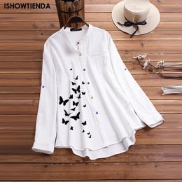 Women's Blouses Cotton Linen Shirt Vintage Butterfly Print Top Standing Collar Long Sleeve Ol Women Tops Casual White Oversized Button Up