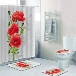 Shower Curtains 3D Silver Grey Bouquet Of Red Poppies Flowers Bathroom Curtain Set Artistic Floral Portrait Bath Rugs Mats Toilet Decor