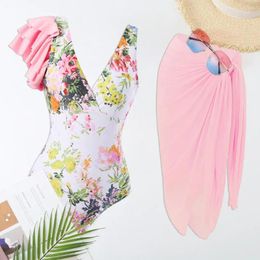 Women's Swimwear Beach Bathing Suit Women Swimsuit With Skirt Stylish Floral Print One-piece Set Chiffon Cover For Female