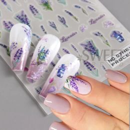 3D Lavender Nail Stickers Decals Spring DIY Lavender Frosted Flower Leaf Blossom Nail Art Tips Transfer DIY Manicure Accessories