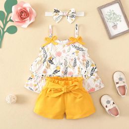 Clothing Sets Toddler Girls Sleeveless Ruffles Sunflower Prints T Shirt Tops Vest Shorts Headbands Outfit