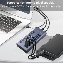 USB 3.0 HUB 7/10 Aluminium 5Gbps USB Splitter On/Off Switch With 12V Power Adapter Support Charging for Computer