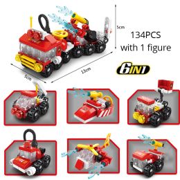 6in1 Mini City Fire Fighting Truck Car Vehicle Building Block Urban Firefighter Assemble DIY Toys For Children Gifts