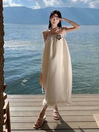 Casual Dresses Beige Loose Backless Pleated Split Long Dress Summer Fashion French Strapless Women Elegant Sleeveless Slim Vacation Party