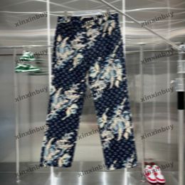 xinxinbuy Men women designer pant Panelled flower pattern fabric denim sets Spring summer Casual pants Black blue green red Apricot S-4XL