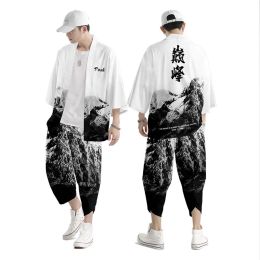 Abito a due pezzi xxs-6xl da donna di cardigan giapponese sciolto cosplay yukata abbigliamento harajuku samurai kimono + set di pantaloni