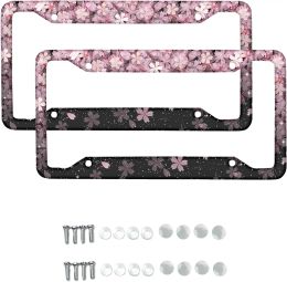 Cherry Blossom Pattern Car Licence Plate Frame 2 Pack Licence Plate Holder with 4 Holes Car Tag Frame for Women Men US Vehicles