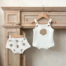 Clothing Sets Summer Baby Boys Girls Cotton Romper Short Waffle Shell Print Suspenders Rompers Bread Pants Infant Clothes Set