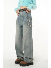 Women's Jeans Blue Vintage Baggy Women Streetwear Pockets Wide Leg Cargo Pants High Waist Straight Denim Trousers 2024