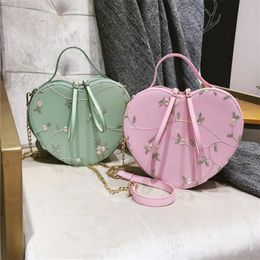 Evening Bags Ins Floral Embroidery Handbag Purse Shoulder Bag Heart Shaped Leather Chain Messenger Crossbody Clutch Small #23 294A