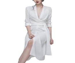 White collar temperament waist thin shirt skirt 2022 autumn and winter new female irregular V neck tie suit dresses2506301