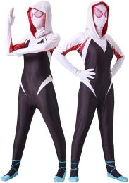 Gwen Spider Costume for Girls Kids White Spidergirl Bodysuit Jumpsuit Mask 3D Style Halloween Costumes Cosplay Suit